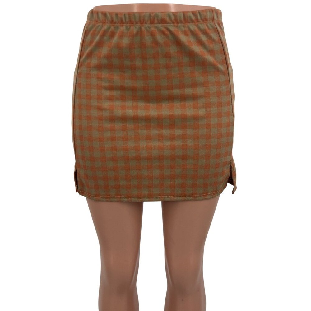 Livi x Olivia Rae Orange Beige Checkered Lined Casual Retro Inspired Mini Skirt
